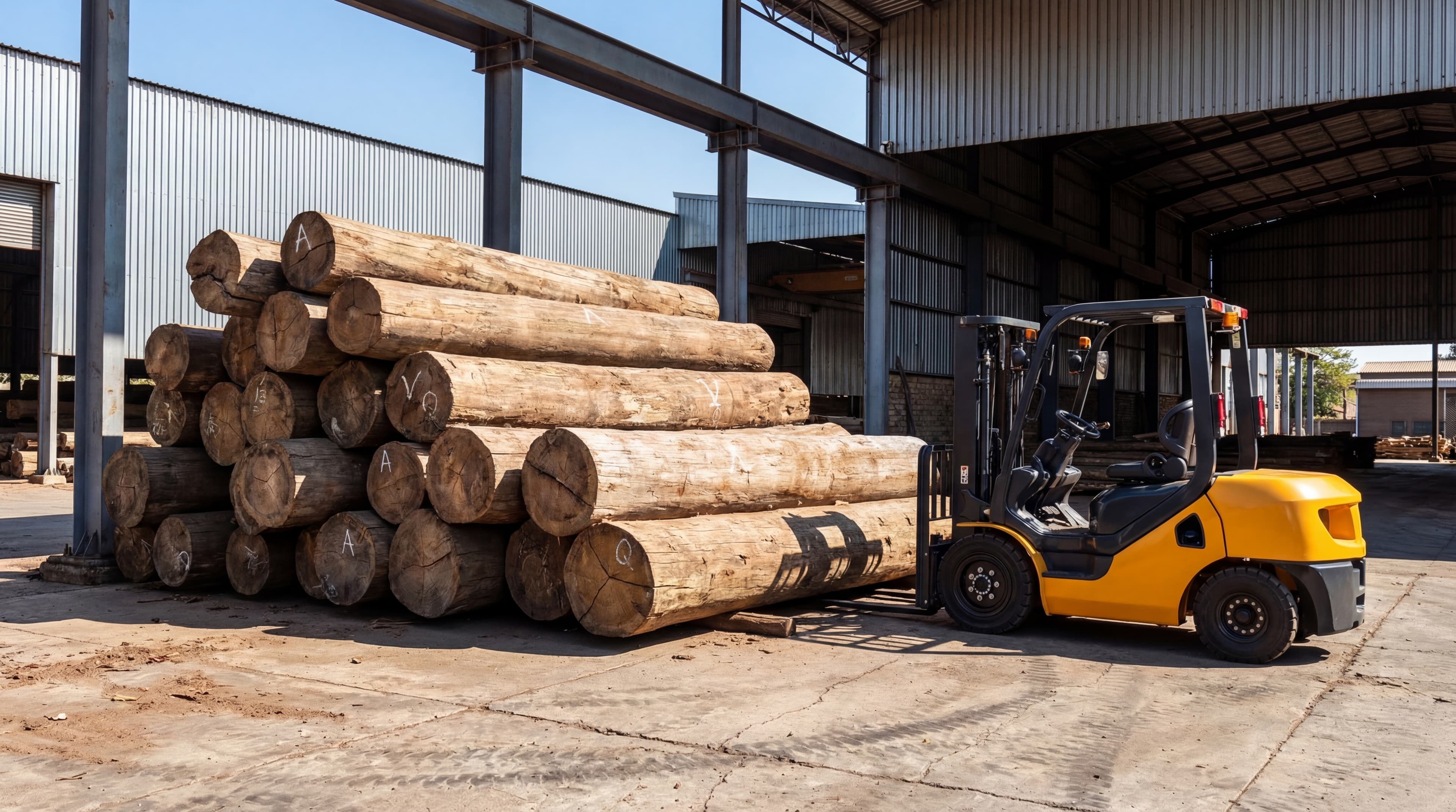 Teak üretim tesisinde stoklanan doğal teak kesitleri
